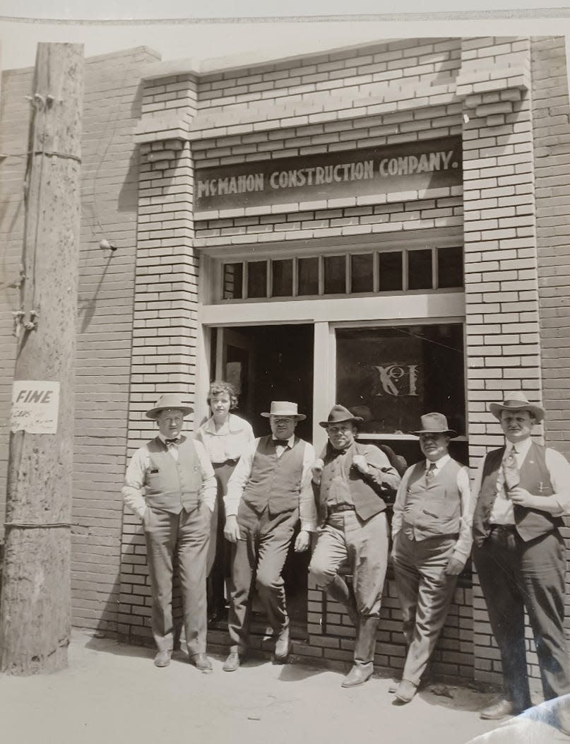 This newly discovered picture may provide more questions than answers to the mysteries of the Littlest Skyscraper. The image depicts a woman and five men standing in front of the structure when it was just one story. The man in the flat hat standing to the woman's left is believed to be J.D. McMahon, rumored to have perpetrated a swindle in the construction of the building in the oil boom.