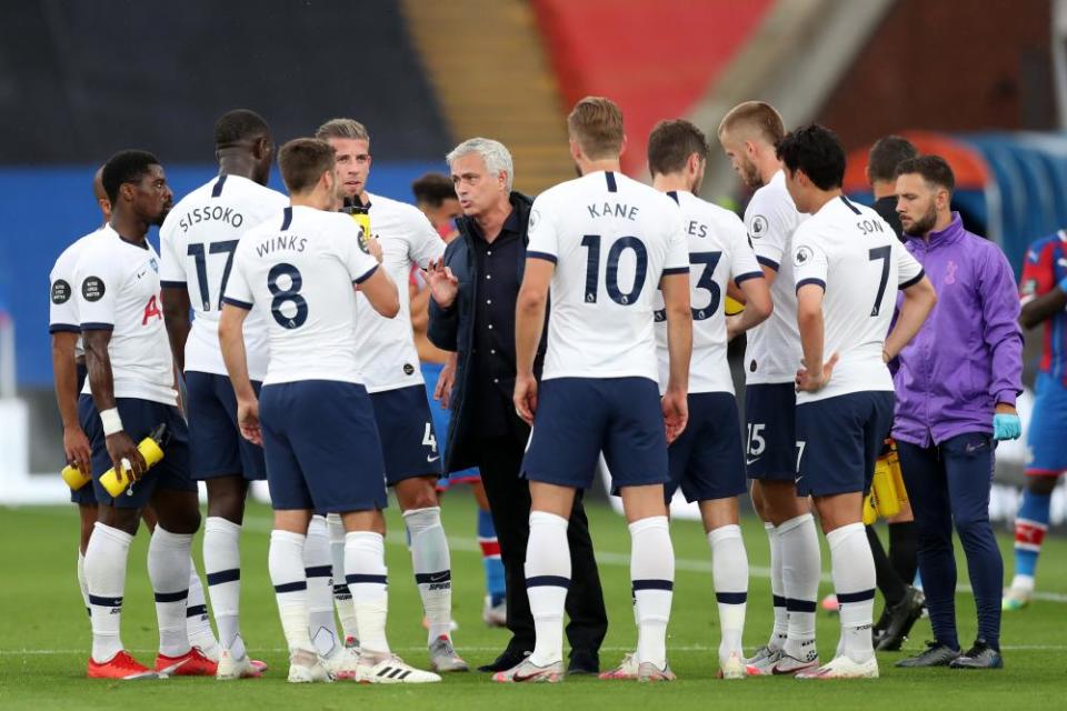 Jose Mourinho talks to his team during a drinks break against Crystal Palace at the tail end of last season.