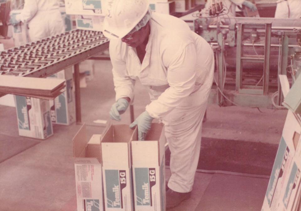 Workers on the assembly line in the Thiokol Chemical Corporation plant in Woodbine, Georgia, in the late 1960s.