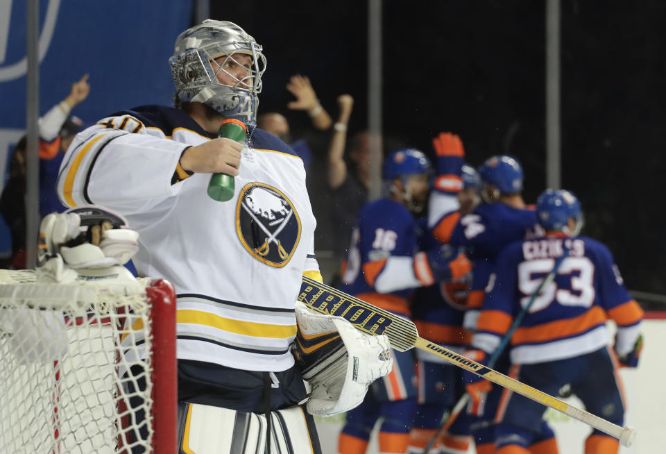 Buffalo Sabres goalie Robin Lehner (40) reacts after giving up a goal to the New York Islanders during the second period of a hockey game, Saturday, Oct. 7, 2017, in New York. (AP Photo/Julie Jacobson)