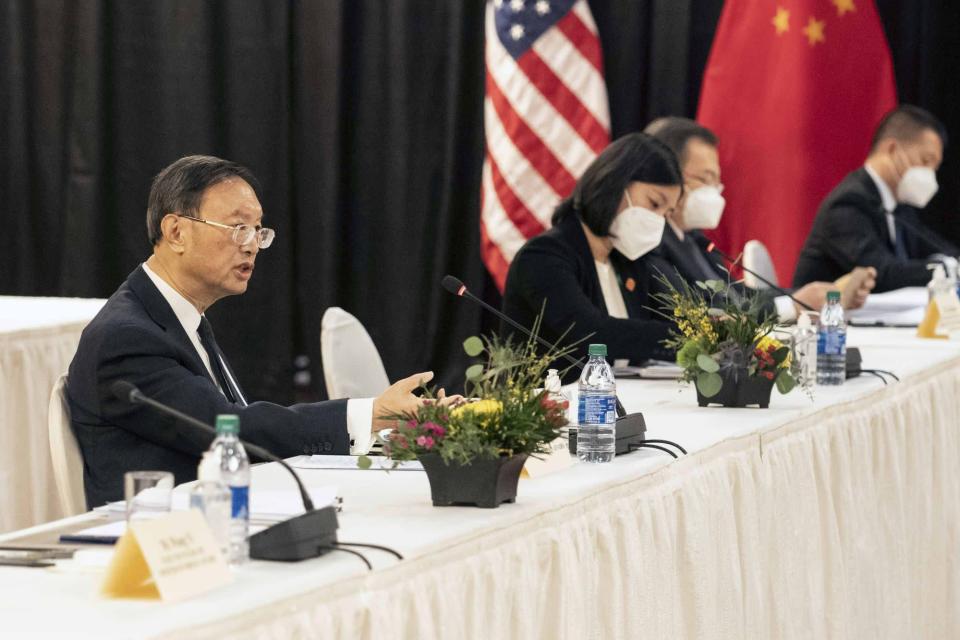 Top Chinese diplomat Yang Jiechi speaks with US officials during talks in Anchorage, Alaska, in March 2021. Photo: Xinhua