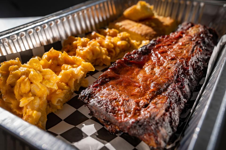 Pork ribs, corn bread, and macaroni and cheese at Kitchen Spaces in the Drake neighborhood where Romeo Diahn is hosting his Thursday-only restaurant, Chef Tony's Culinary Delights.