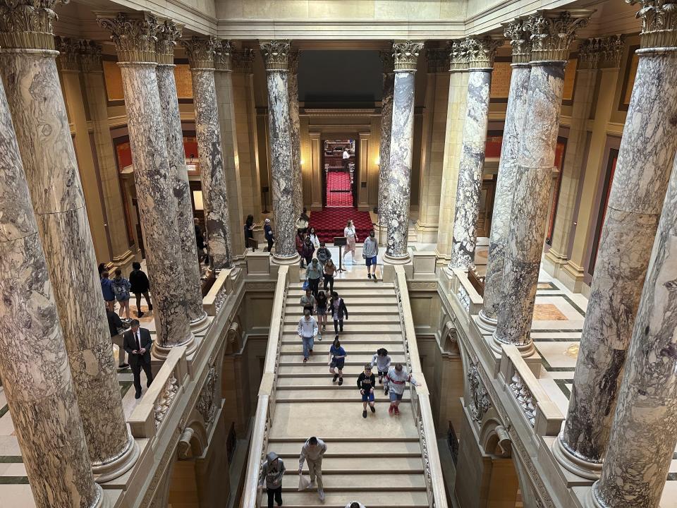 The gallery outside the Minnesota Senate chamber in the State Capitol is shown ahead of a vote on a Republican attempt to expedite an ethics investigation of Democratic Sen. Nicole Mitchell, who's facing a felony burglary charge, Wednesday, April 24, 2024 in St. Paul, Minn. (AP Photo/Steve Karnowski)