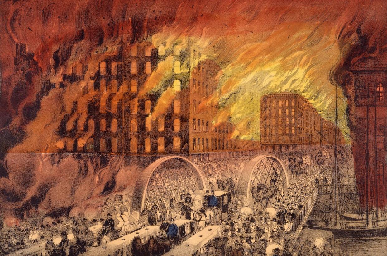 Litografía 'Chicago en llamas', de Currier e Ives. <a href="https://es.wikipedia.org/wiki/Archivo:Chicago_in_Flames_by_Currier_%26_Ives,_1871_(cropped).jpg" rel="nofollow noopener" target="_blank" data-ylk="slk:Chicago Historical Society / Wikimedia Commons;elm:context_link;itc:0;sec:content-canvas" class="link ">Chicago Historical Society / Wikimedia Commons</a>