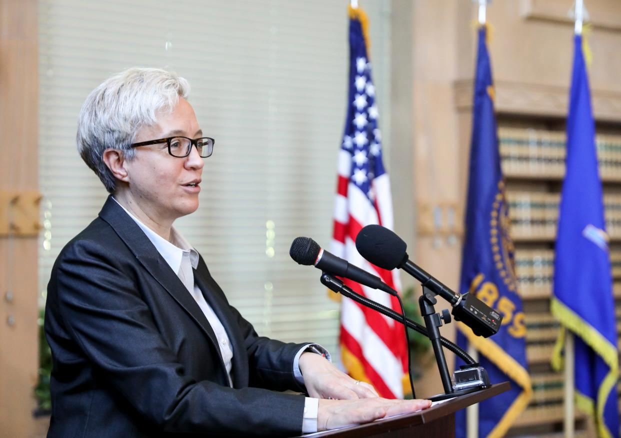 Gov. Tina Kotek speaks during a July 14 news conference.