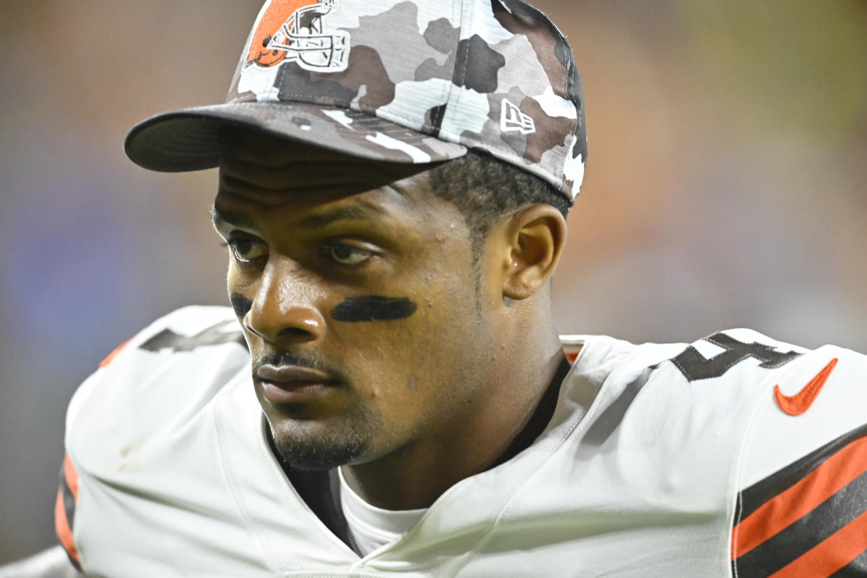 Deshaun Watson is slated to throw his first NFL pass in nearly two years following a suspension triggered by multiple allegations of sexual assault and sexual misconduct. (AP Photo/David Richard)