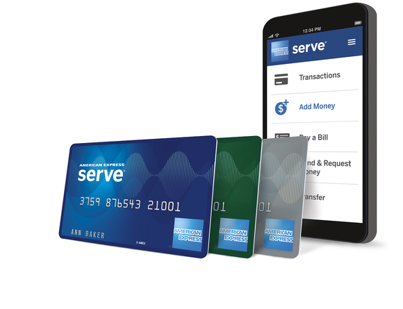 Smartphone running AmEx Serve app, with Serve cards standing next to it.