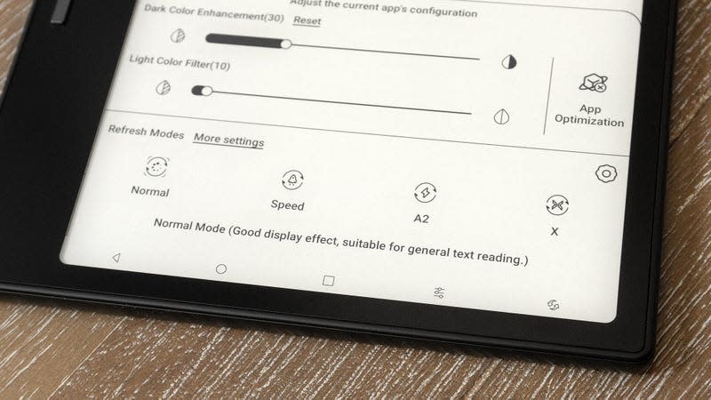 A close-up of the refresh modes settings panel for the Onyx Boox Leaf 2's E Ink screen.