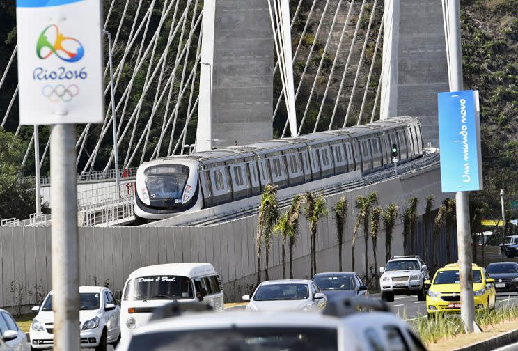 Photo taken July 27, 2016, shows a test run of a new subway line in Rio de Janeiro, ahead of the Aug. 5 start of the summer Olympics there. Openings of some traffic systems are behind schedule, stirring concerns that traffic disturbances may hit the sports event. (Photo by Kyodo News ia Getty Imagses)