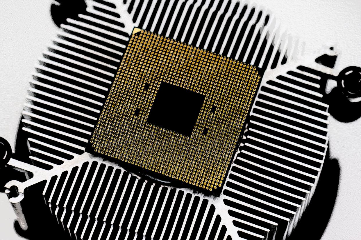 Back of a AMD socket AM4 CPU mounted on a cooler