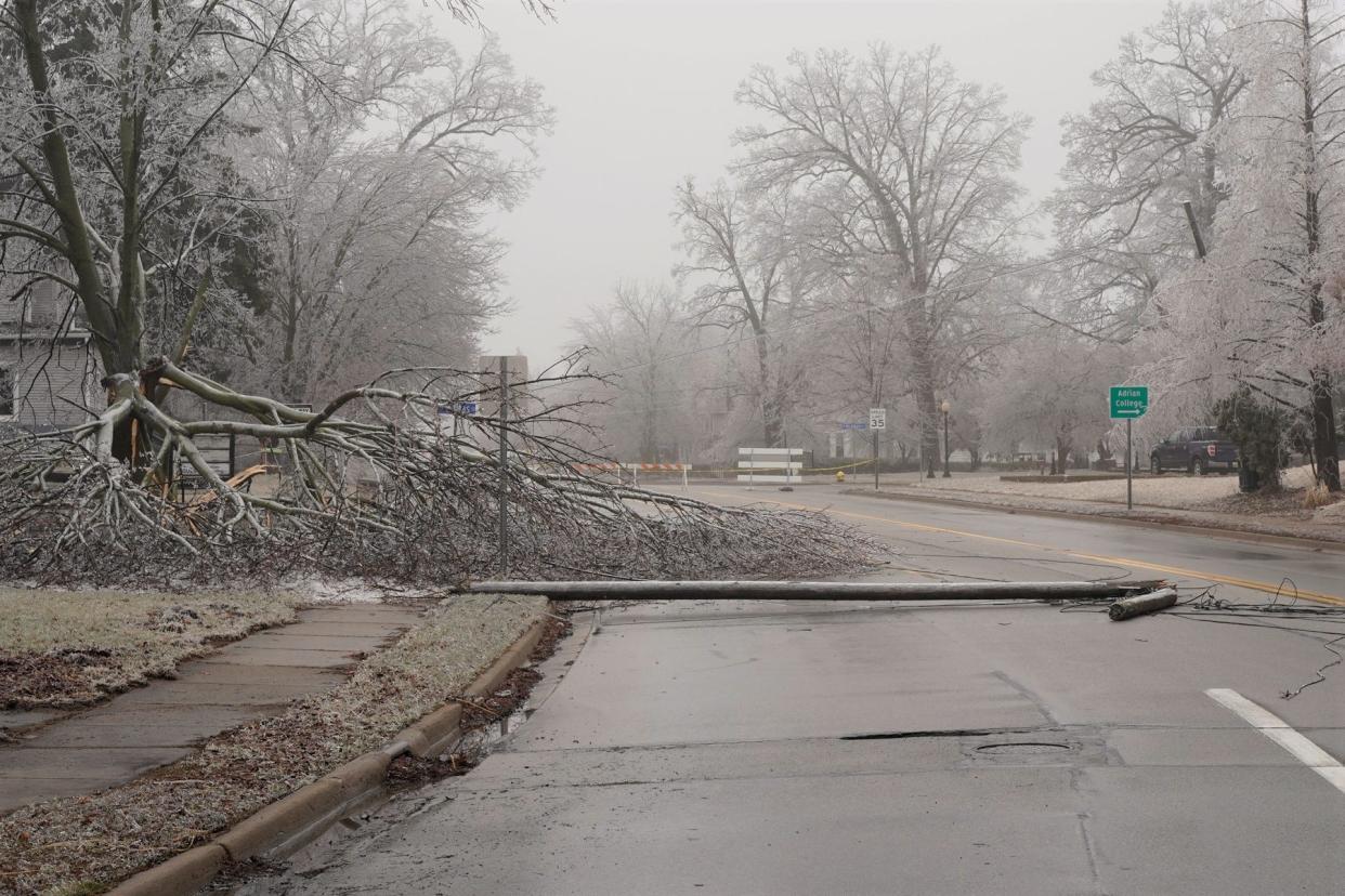 Large tree branches, seen Thursday, Feb. 23, 2023, brought down a power pole and lines into the roadway near the Dallas Street and South Main Street intersection in Adrian because of last week's ice storm.