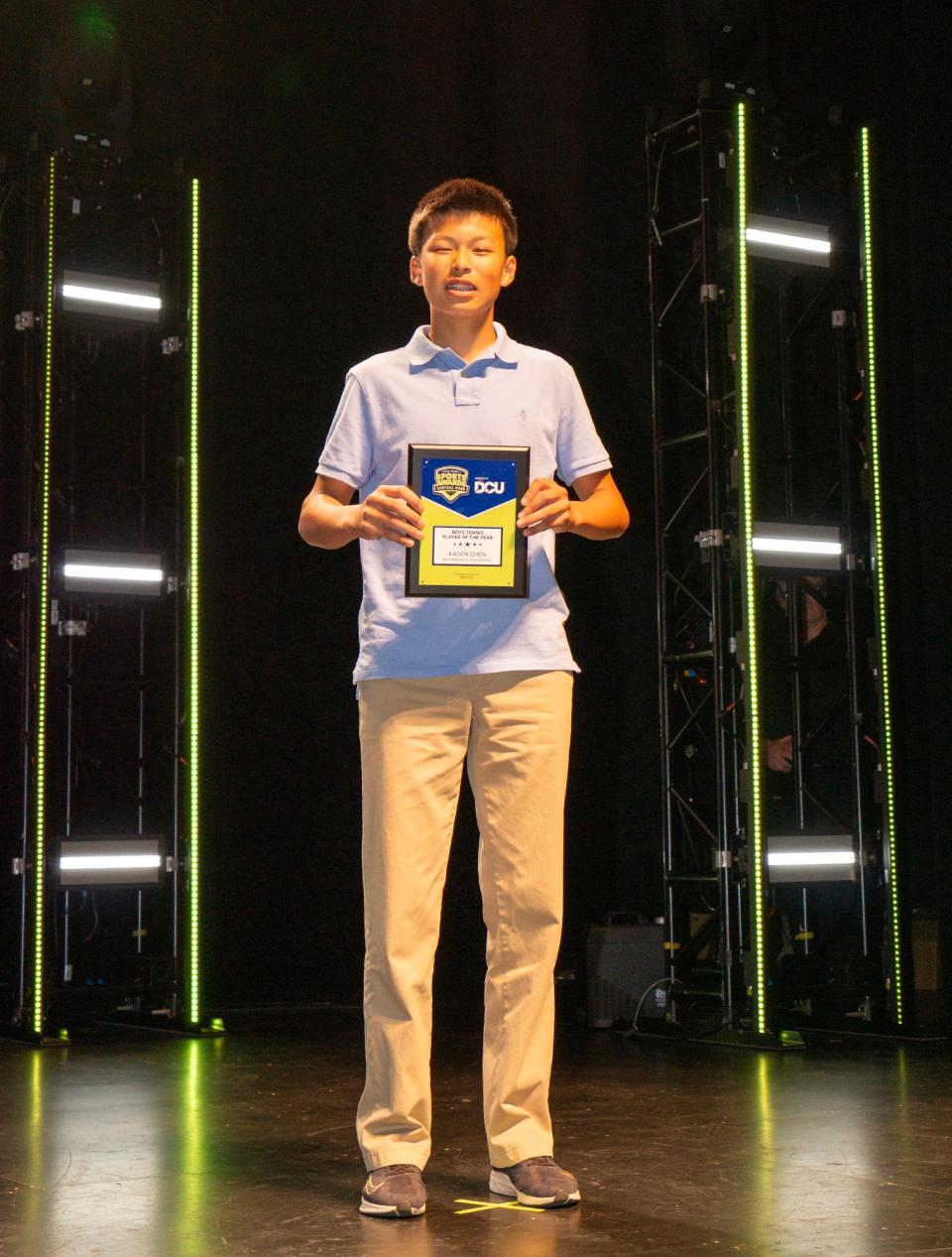 Westborough's Kaden Chen poses with his plaque after being named T&G Hometeam Boys' Tennis Player of the Year at Wednesday's Central Mass. High School Sports Awards at the Hanover Theatre.