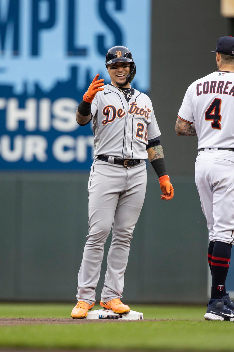 Detroit Tigers shortstop Javier Baez (28) reacts after hitting a double during the first inning against the Minnesota Twins at Target Field.