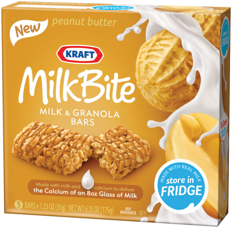 This product photo provided by Kraft Foods Inc., shows a box of peanut butter Kraft Milk Bite, milk and granola bars. On-the-go Americans are increasingly consuming their morning calories over several hours instead of sitting down to devour a plate of pancakes, bacon and eggs in one sitting. (AP Photo/Kraft Foods Inc.)