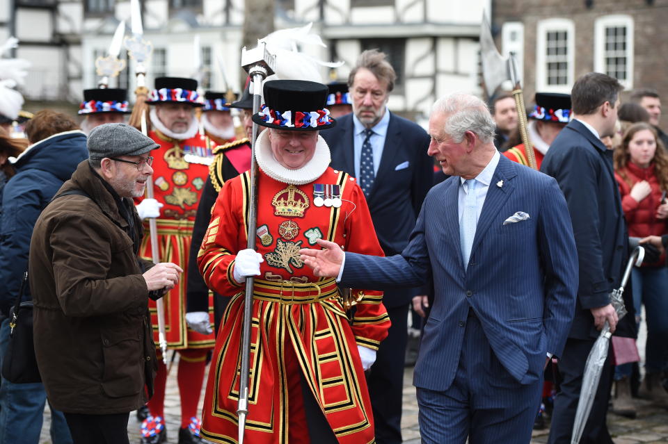 LONDON, ENGLAND - FEBRUARY 13: Prince Charles, Prince of Wales visits The Tower of London to mark 535 years since the creation of Yeoman Warders (Beefeaters) and join a reception with VisitBritain/ VisitEngland to celebrate 50 years of the British Tourist Authority on February 13, 2020 in London, England. (Photo by Eddie Mulholland - WPA Pool/Getty Images)