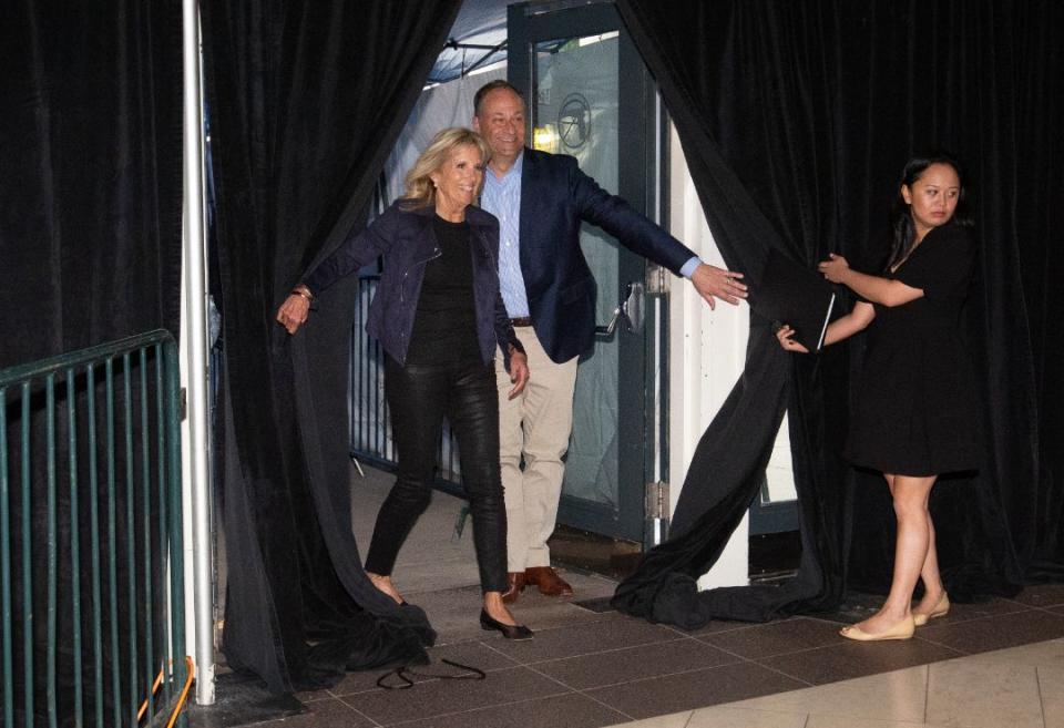 First lady Jill Biden and second gentleman Douglas Emhoff arrive at the Houston Astros’ vaccination event Tuesday, June 29, 2021, at Minute Maid Park in Houston. - Credit: AP