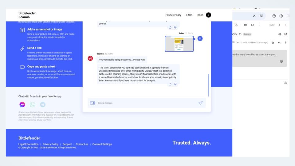 A screenshot showing Scamio identifying a phishing scam