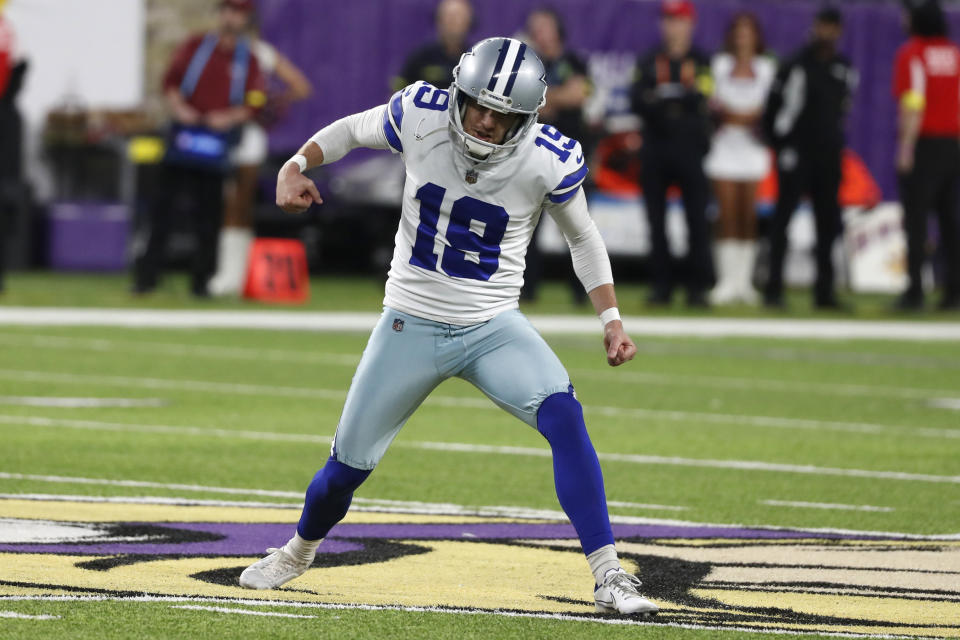 Dallas Cowboys place kicker Brett Maher celebrates after kicking a 60-yard field goal during the first half of an NFL football game against the Minnesota Vikings, Sunday, Nov. 20, 2022, in Minneapolis. (AP Photo/Bruce Kluckhohn)