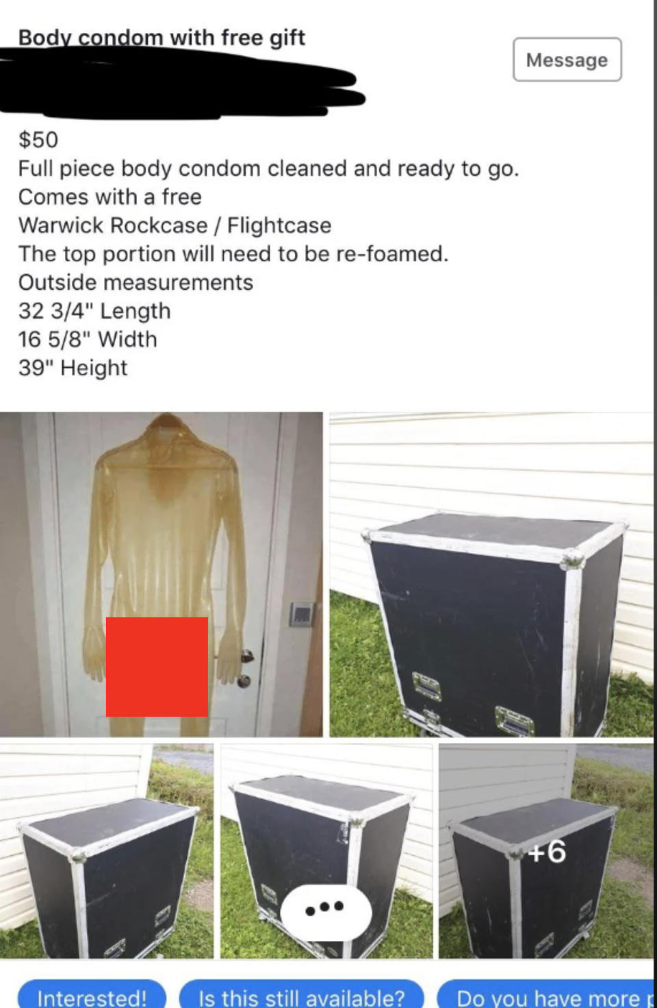 Facebook Marketplace ad featuring a full piece body condom with a Warwick Rockcase/Flightcase. The top of the condom requires re-foaming. Measurements: 32 3/4" Length, 16 5/8" Width, 39" Height