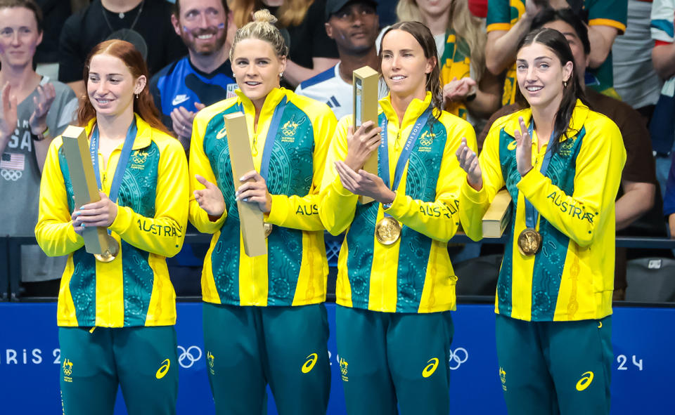 Mollie O'Callaghan, Shayna Jack, Emma McKeon and Meg Harris at the Olympics.