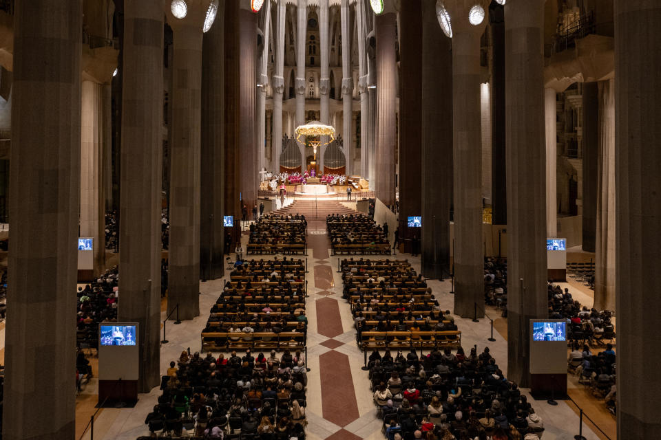 The Latin Patriarch of Jerusalem and Cardinal Pierbattista Pizzaballa and the Cardinal Archbishop of Barcelona, Juan Jose Omella, concelebrate a Mass for peace at the Sagrada Familia on February 18, 2024, in Barcelona.  / Credit: Lorena Sopena/Europa Press via Getty Images