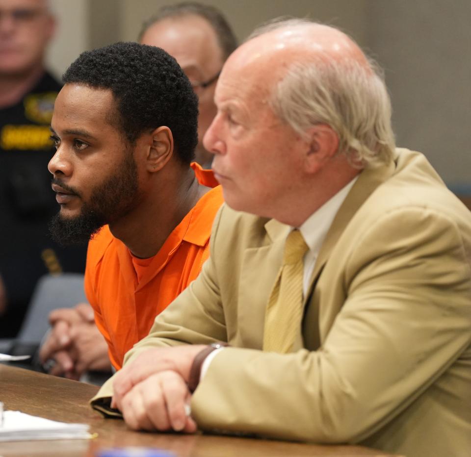 Newton, NJ August 4, 2023 -- Jamaal Mellish is sentenced for the 2020 murder of US Army Corporal Hayden Harris. Mellish’s attorney Joel Harris is on the right. The sentencing took place in the Sussex County Superior Court in Newton.