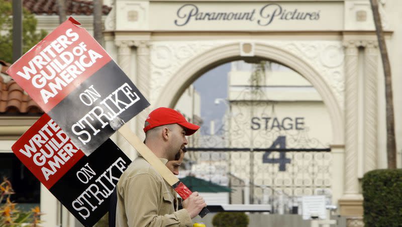 Striking film and television writers picket outside Paramount Studios on Jan. 23, 2008, in Los Angeles. In an email to members Monday, April 17, 2023, leaders of the Writers Guild of America said nearly 98% of voters said yes to a strike authorization if a new contract agreement is not reached with producers. The guild last went on strike in 2007.