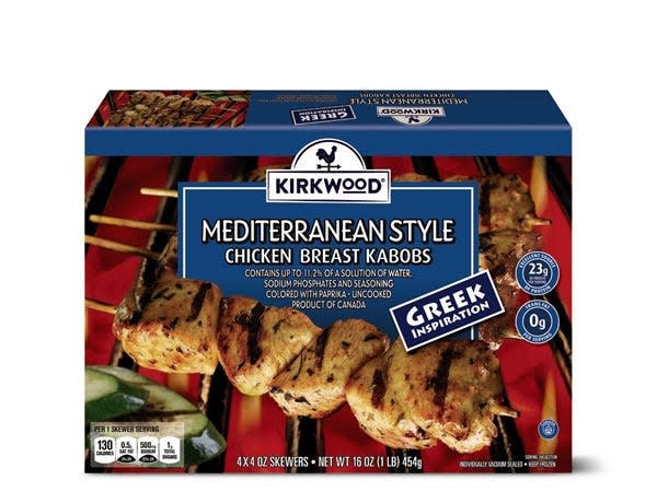 Aldi photo of red and blue box of Mediterranean-style chicken kabobs against white background