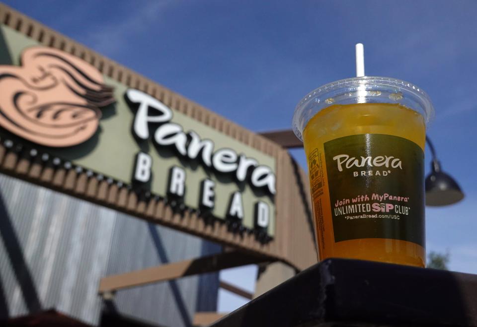 In this photo illustration, a Panera Bread Mango Yuzu Citrus Charged Lemonade is displayed at a Panera Bread restaurant on November 01, 2023 in Novato, California.