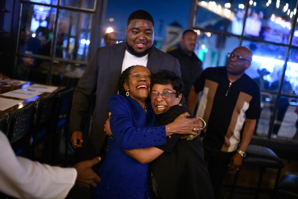 U.S. Rep. Sheila Jackson Lee hugs a friend at her victory party on March 5, 2024, in Houston.
