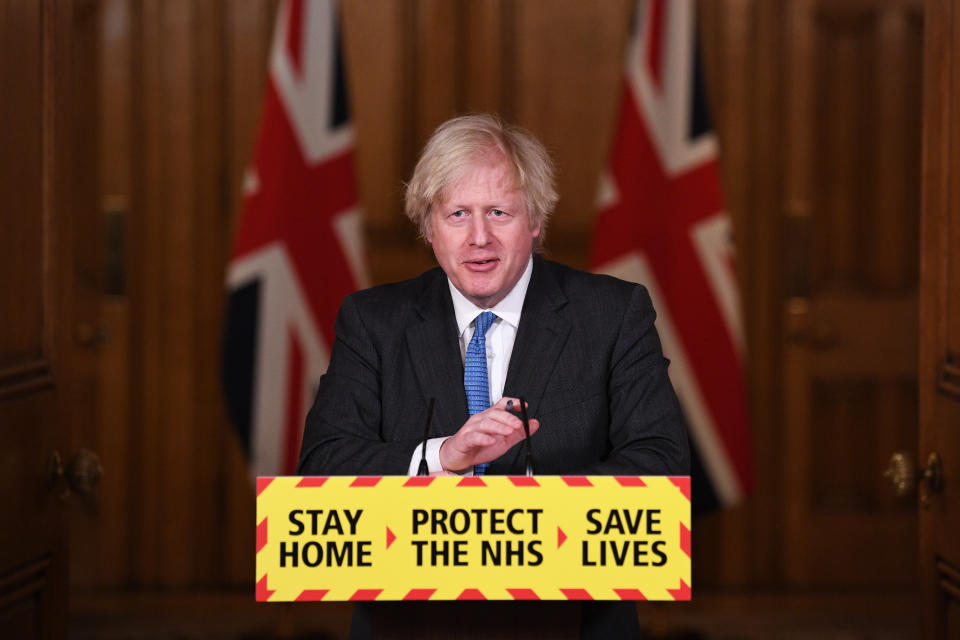 LONDON, ENGLAND - FEBRUARY 15: UK Prime Minister Boris Johnson talks during a Covid-19 media briefing in Downing Street on February 15, 2021 in London, England. (Photo by Stefan Rousseau - WPA Pool/Getty Images)