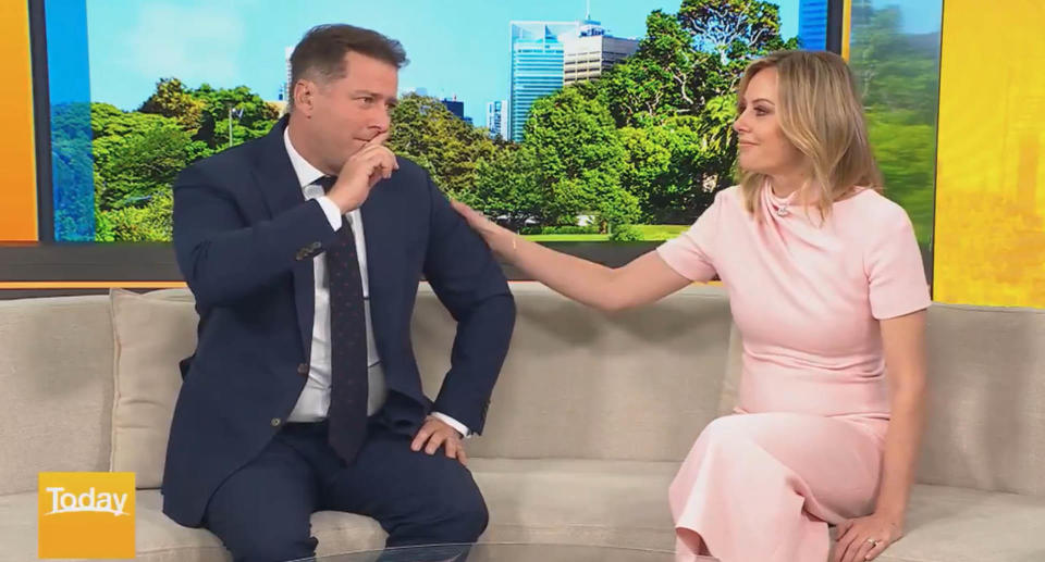 A screenshot of Karl Stefanovic as he choked back tears live on air over the heartbreaking story about a teen who took her own life. Source: The Today Show