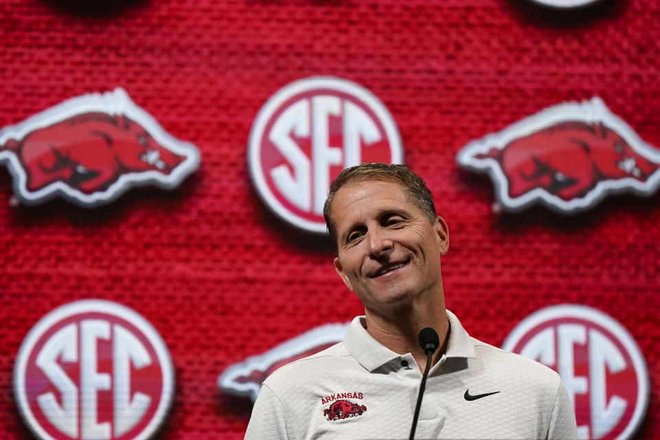 FILE - Arkansas NCAA college basketball head coach Eric Musselman speaks during Southeastern Conference Media Days, Wednesday, Oct. 18, 2023, in Birmingham, Ala. Musselman returned Arkansas to elite status quickly. The former NBA coach's success in Fayetteville followed a similar pattern to what Musselman was able to accomplish in four seasons at Reno. At the core of his accomplishments: transfers.(AP Photo/Mike Stewart, File)