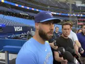 Toronto Blue Jays relief pitcher Anthony Bass speaks to gives a statement to media ahead baseball game against the Milwaukee Brewers in Toronto on Tuesday, May 30, 2023. Toronto Blue Jays pitcher Anthony Bass apologized Tuesday for sharing a homophobic social media post on his Instagram account. (John Chidley-Hill/The Canadian Press via AP)