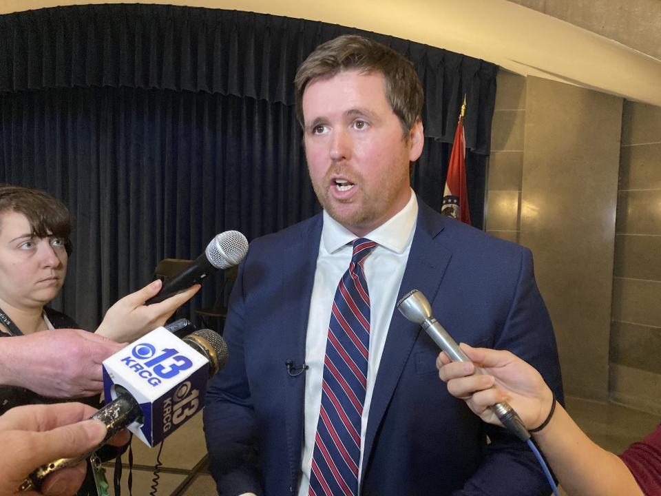 FILE - Republican Scott Fitzpatrick speaks to reporters after being sworn in as Missouri's new state auditor on Jan. 9, 2023, during a ceremony in the Jefferson City Capitol building. Two Republican statewide officials, including Fitzpatrick, argued over the cost of restoring abortion rights in Missouri during a Wednesday, June 7, trial that could determine whether a constitutional amendment to allow the procedure can move forward. (AP Photo/Summer Ballentine, File)