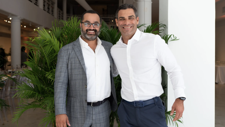 Miami Mayor Francis Suarez, right, with developer Rishi Kapoor at the launch of URBIN, Kapoor’s development project. URBIN website