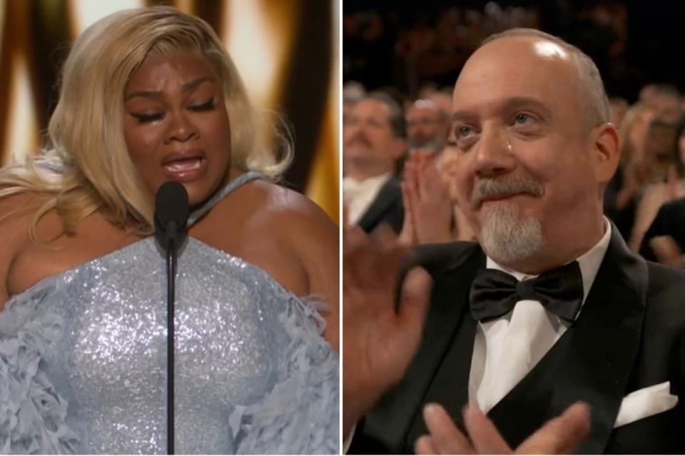 Paul Giamatti sheds a tear over Da’Vine Joy Randolph’s acceptance speech at the Oscars (ABC)