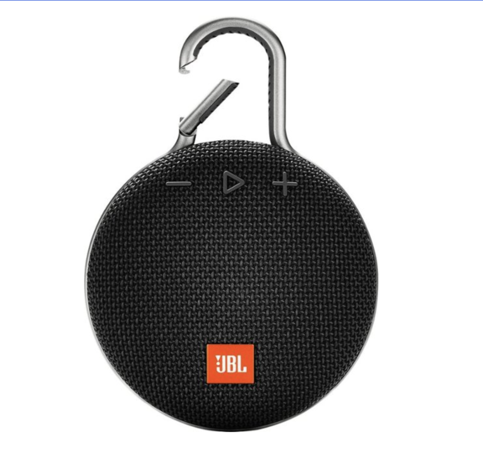black circular portable speaker with clip