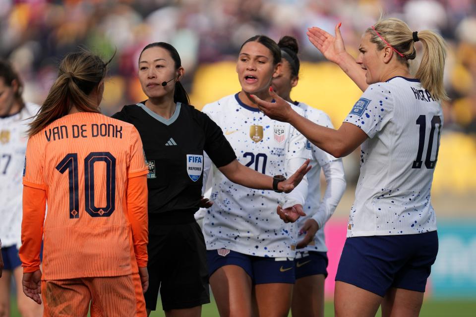 July 27: United States midfielder Lindsey Horan (10) and Netherlands midfielder Danielle van de Donk (10) react during the second half.