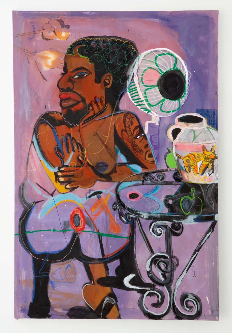 Jonathan Lyndon Chase, Them sitting at table, 2018, acrylic, oil stick, marker, and glitter on canvas, 60" x 48" (152.40 x 121.92 cm).