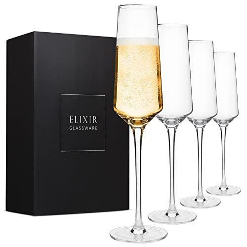 3) ELIXIR GLASSWARE Classy Champagne Flutes - Hand Blown Crystal Champagne Glasses - Set of 4 Elegant Flutes - Gift for Wedding, Anniversary, Christmas - 8oz, Clear