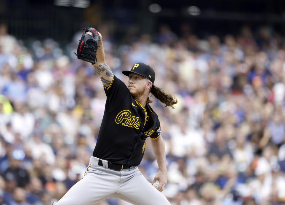 Pittsburgh Pirates starting pitcher Bailey Falter throws to the Milwaukee Brewers during the first inning of a baseball game Saturday, Aug 5, 2023, in Milwaukee. (AP Photo/Jeffrey Phelps)