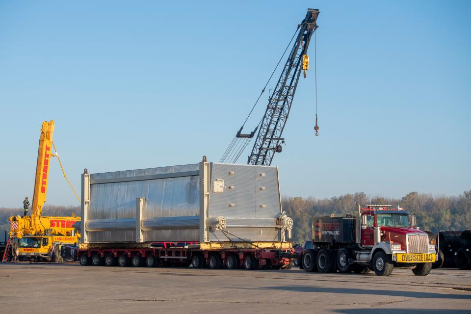 A boiler evaporator weighing 211,000 pounds and measuring 20 feet wide waits to be transported from the Henderson County Riverport to the construction site of the $600 million Pratt Paper complex on the Kentucky 425/South Bypass in Henderson, Ky., Tuesday morning, Nov. 1, 2022. 