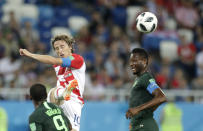 <p>Former Tottenham and Real Madrid star Luka Modric kicks the ball agaisnt Nigeria. (AP) </p>