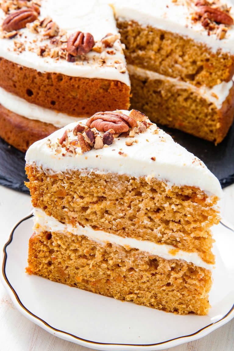 <p>Sweet potato casserole lovers (with the mini marshmallow topping, obv) will love the fluff-infused frosting on this irresistible sweet potato cake.</p><p><em><a href="https://www.delish.com/holiday-recipes/thanksgiving/a23011942/best-sweet-potato-cake-recipe/" rel="nofollow noopener" target="_blank" data-ylk="slk:Get the recipe from Delish »;elm:context_link;itc:0;sec:content-canvas" class="link ">Get the recipe from Delish »</a></em></p>