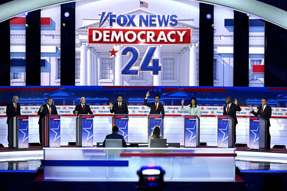 Participants on stage at the first Republican Presidential primary debate at the Fiserv Forum in Milwaukee, Wisconsin, on August 23, 2023 (AFP via Getty Images)