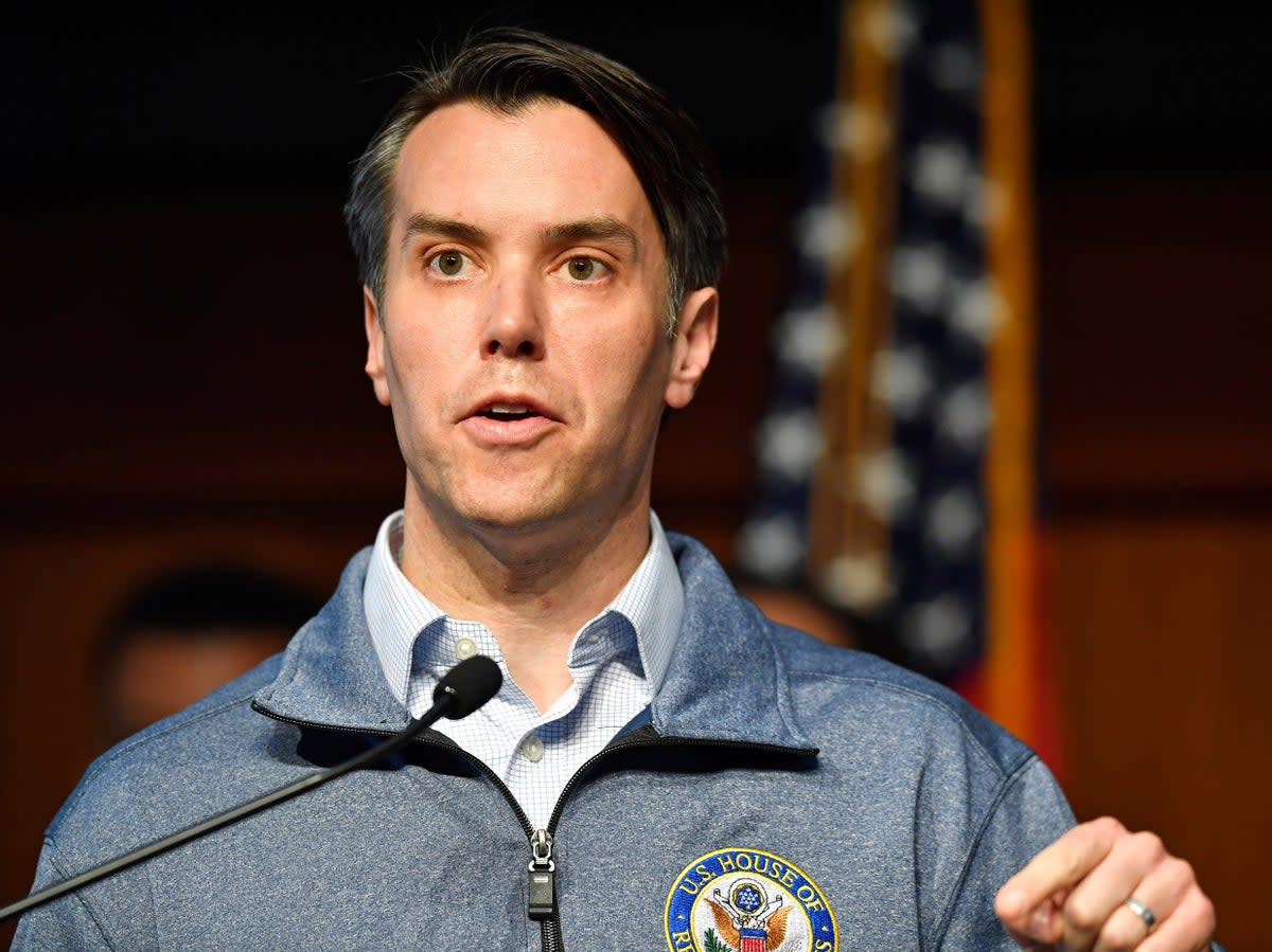 Rep. Morgan McGarvey, D-Ky., speaks during a news conference on Monday's bank shooting at Metro Hall in Louisville, Ky., Tuesday, April 11, 2023 (AP)