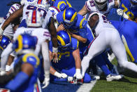 Los Angeles Rams quarterback Jared Goff, center, rushes for a touchdown during the second half of an NFL football game against the Buffalo Bills Sunday, Sept. 27, 2020, in Orchard Park, N.Y. (AP Photo/Adrian Kraus)