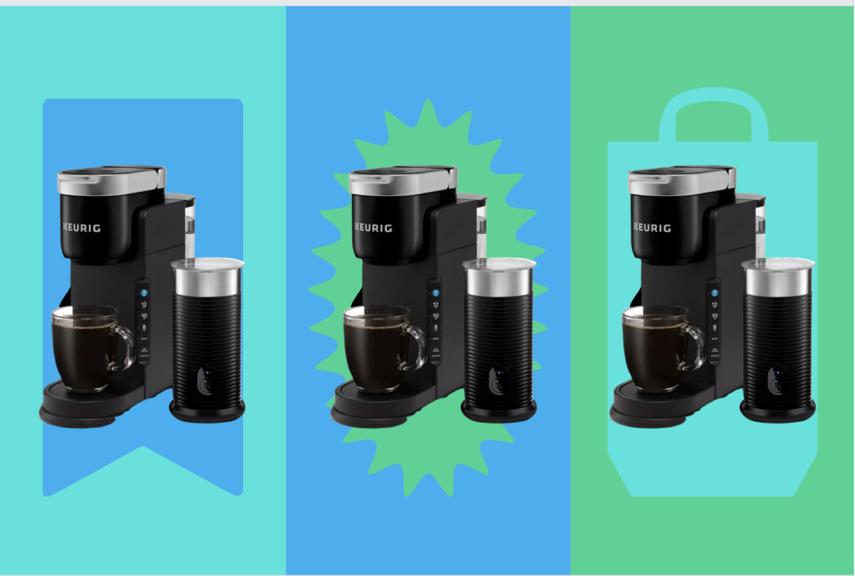 Keurig K-Cafe Barista Bar shown three times over a blue and green backdrop