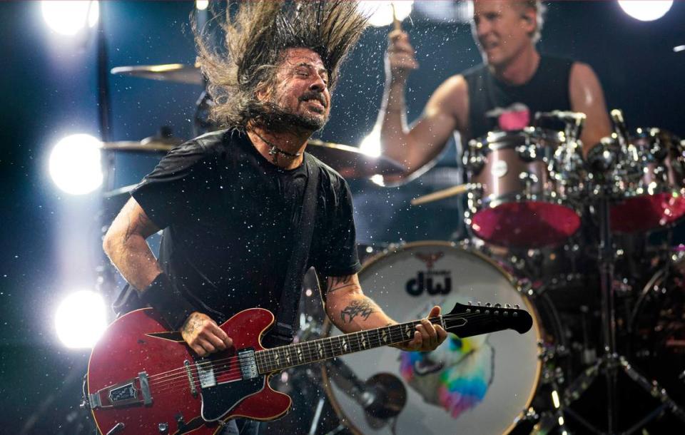 Water flies through the air after Dave Grohl dumped a cup of water on his head as he and Foo Fighters rocked hard at Raleigh, N.C.’s Coastal Credit Union Music Park at Walnut Creek, Tuesday night, May 7, 2024.
